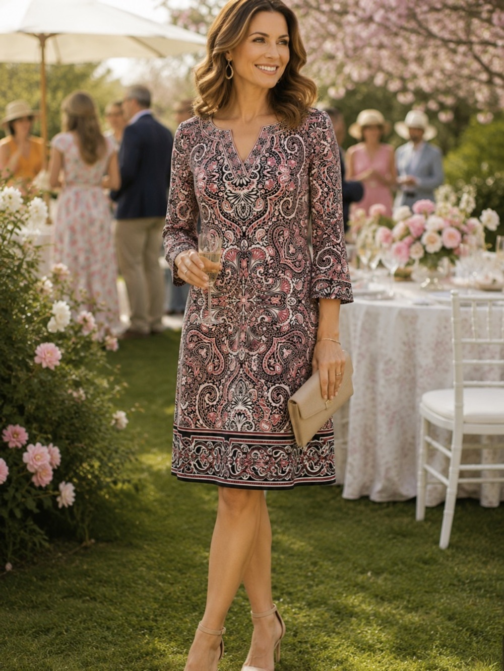 White House Black Market Dress XXS Paisley Autumn Wedding Guest Black Red